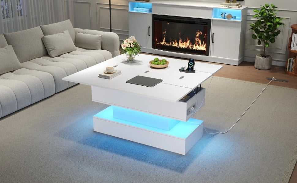 TAVOLO da caffè sollevabile 100x50x51,5 cm Bianco con presa USB-C