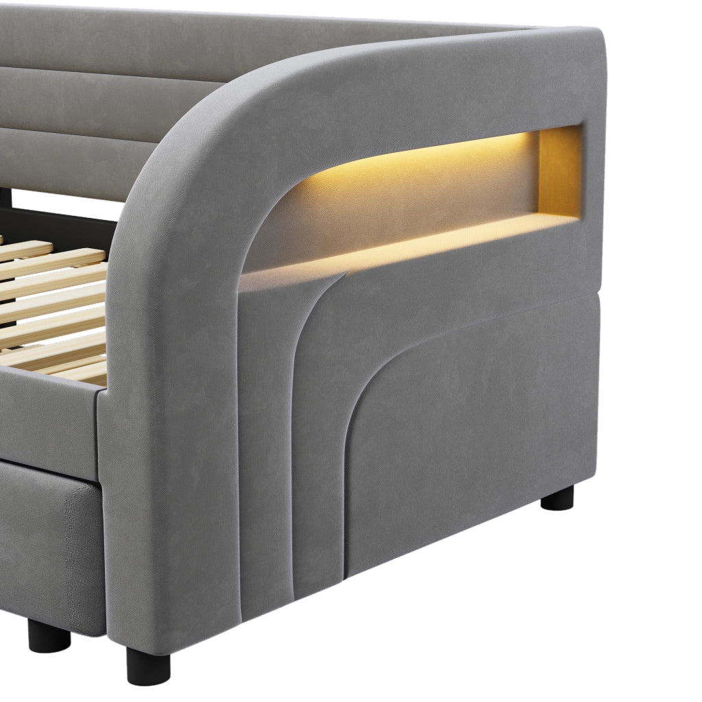Letto Estraibile 90x200 cm; con LED Regolabile e Letto a Scomparsa; in Flanella; Grigio