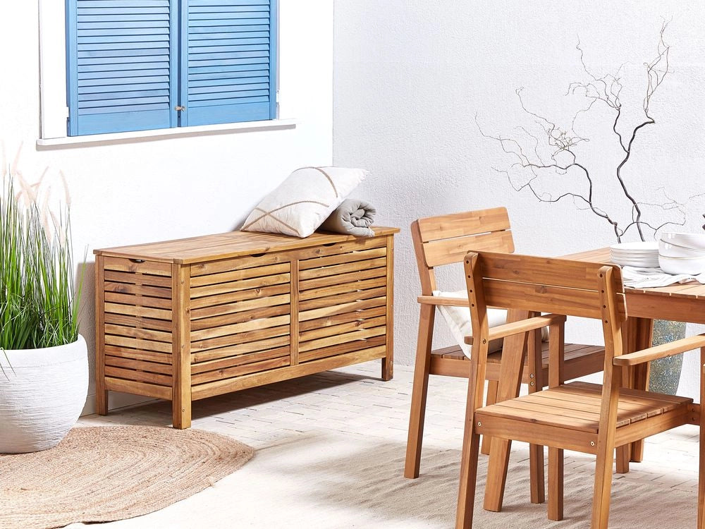 Cassa baule cesta da giardino in marrone chiaro di acacia 130 x 64 cm con coperchio per mobili da esterno