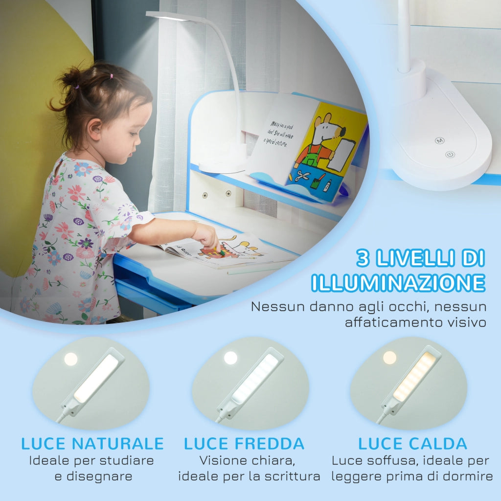 Scrivania per Bambini Regolabile con Luce LED, Leggio e Portapenne ¨C zephmum ¨C MDF, PP, Acciaio, Azzurro