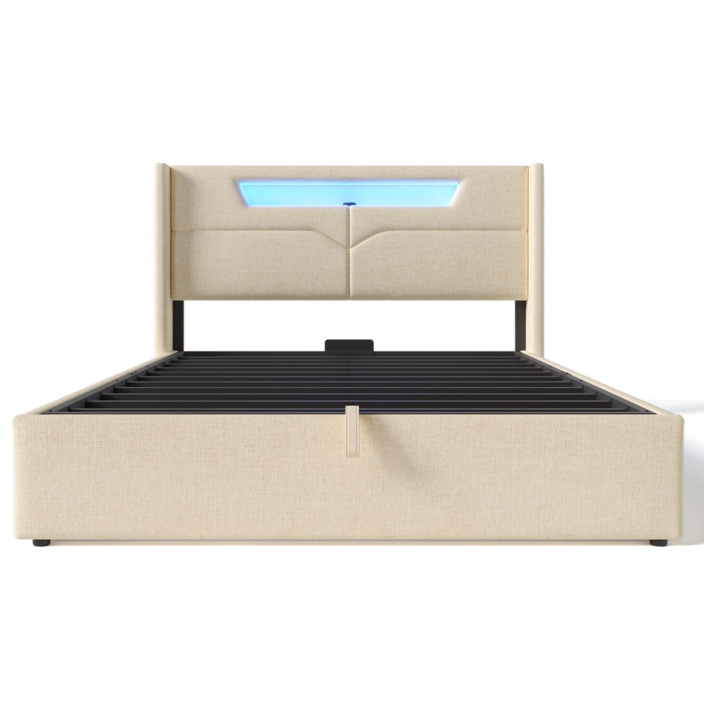 Letto matrimoniale 160x200 cm in lino beige con LED; USB e Type C; contenitore con rete