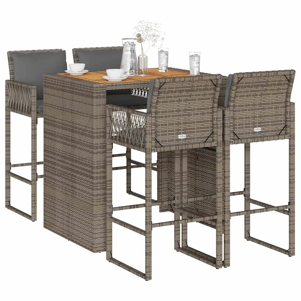 Set Bar da Giardino 5 pz con Cuscini Nero in Polyrattan Acacia