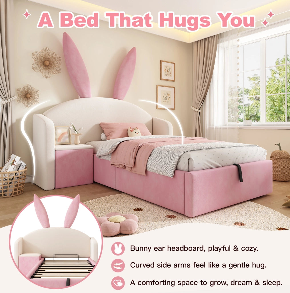 Letto imbottito 90x190 cm in velluto con comodino contenitore; beige e rosa