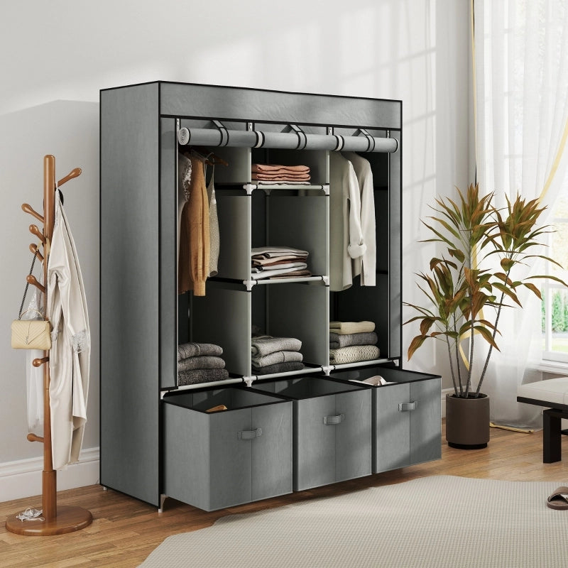 Armadio in tessuto con 2 barre appendiabiti, 5 ripiani e 3 cassetti, grigio chiaro, 125 × 43 × 162,5 cm