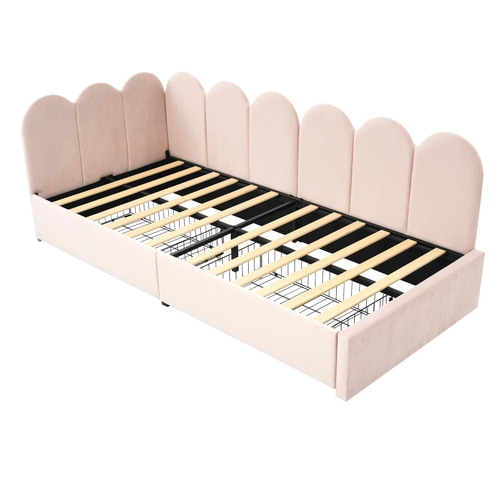 Letto singolo imbottito con 2 cassetti 90x190 cm in velluto rosa con rete a doghe