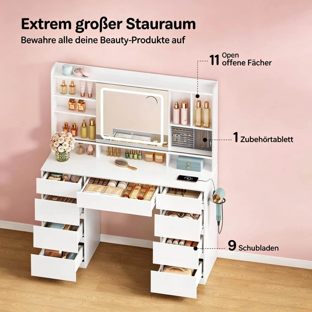 Tavolo da trucco moderno bianco con specchio scorrevole, 9 cassetti e prese integrate