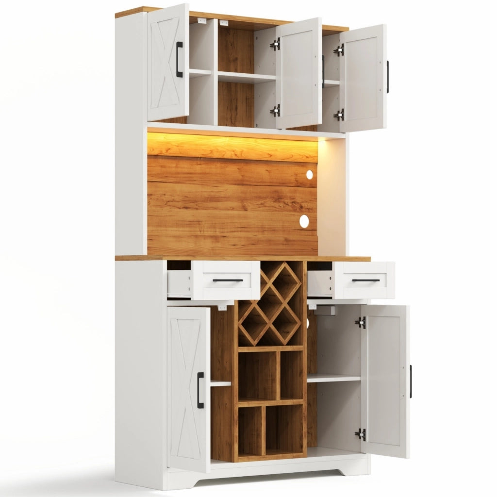 Credenza alta con 2 cassetti e LED - per cucina - 105×40×180 cm - naturale e bianco