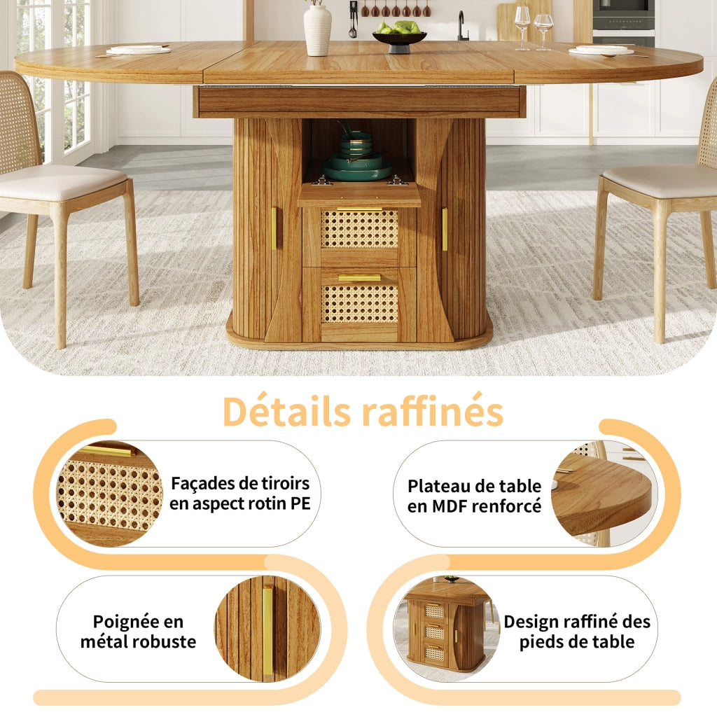 Tavolo da pranzo estensibile con contenitore e cassetti effetto rattan per sala da pranzo 118 × 118 × 77;1 cm