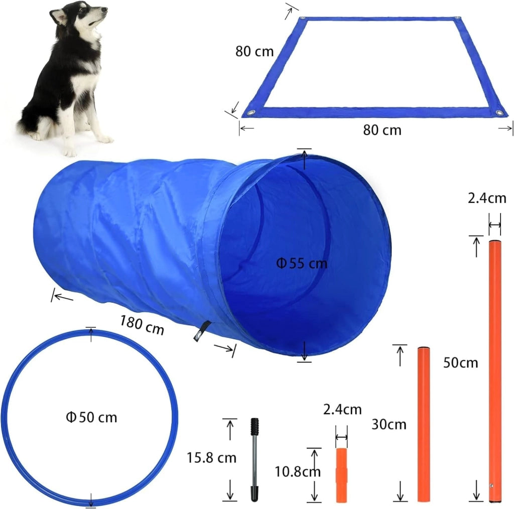 Agility Set di attrezzature per cani, giochi di addestramento per cani, accessori con ostacolo Agility, anello di salto, tunnel per cani, aste slalom, box pausa e borsa per il trasporto per