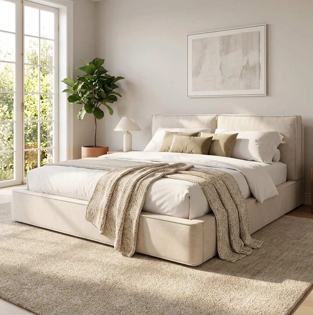 Letto imbottito 160x200 cm con contenitore idraulico e testiera in chenille beige