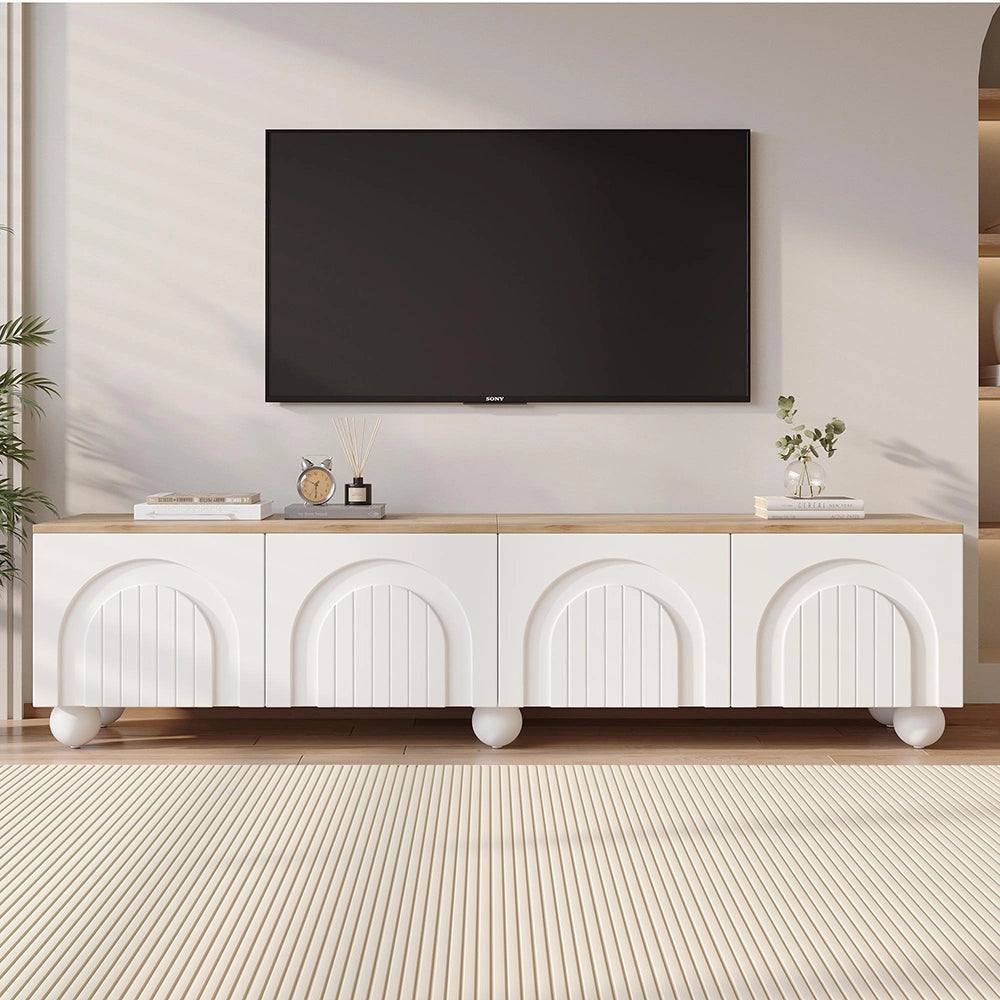Mobile TV 180x40x45cm - Xylo - 4 Ante, 6 Piedi Sferici, Legno e Bianco, fino a 80"