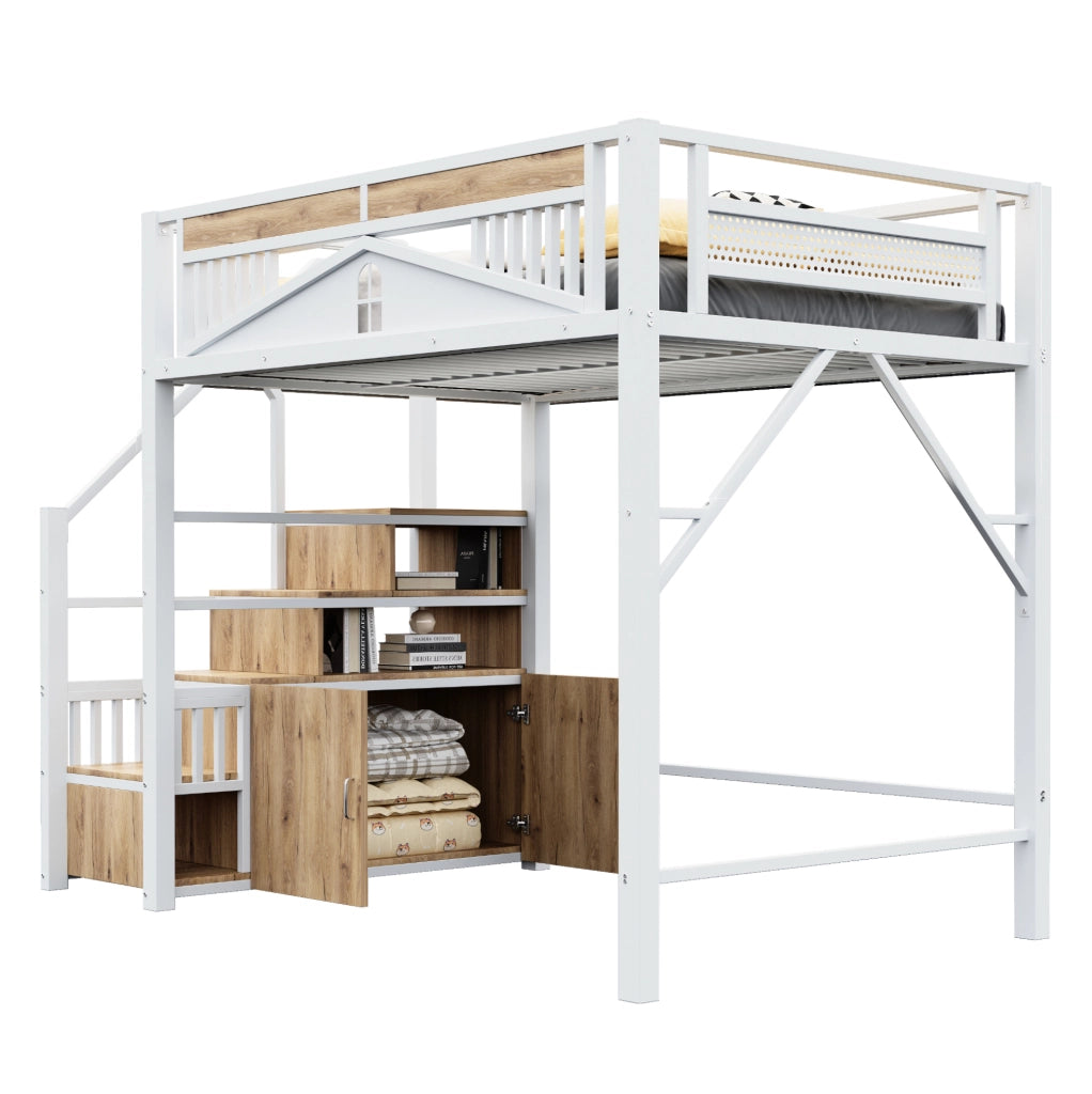 Letto a soppalco 140x200 cm bianco metallo e legno con scala contenitore