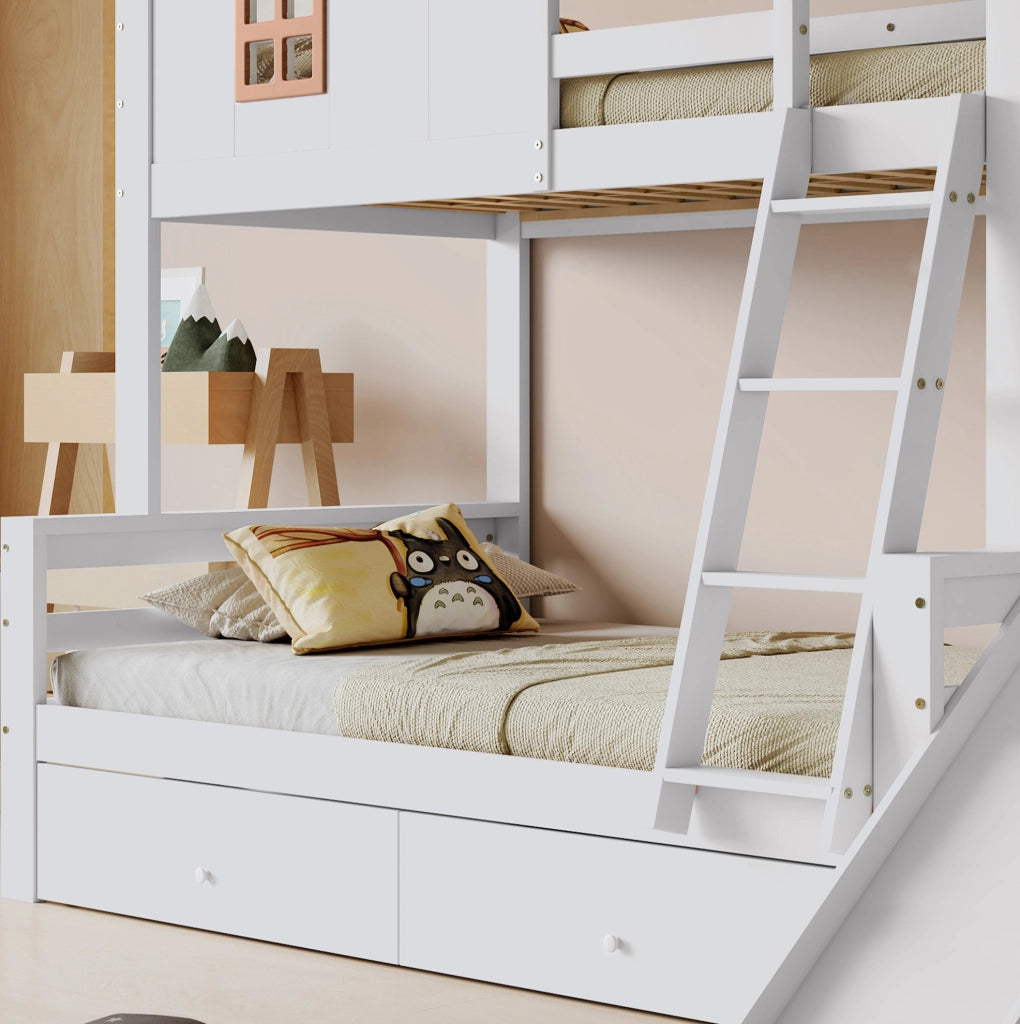Letto a castello con finestra decorativa, scivolo, scala a 4 gradini e 2 cassetti