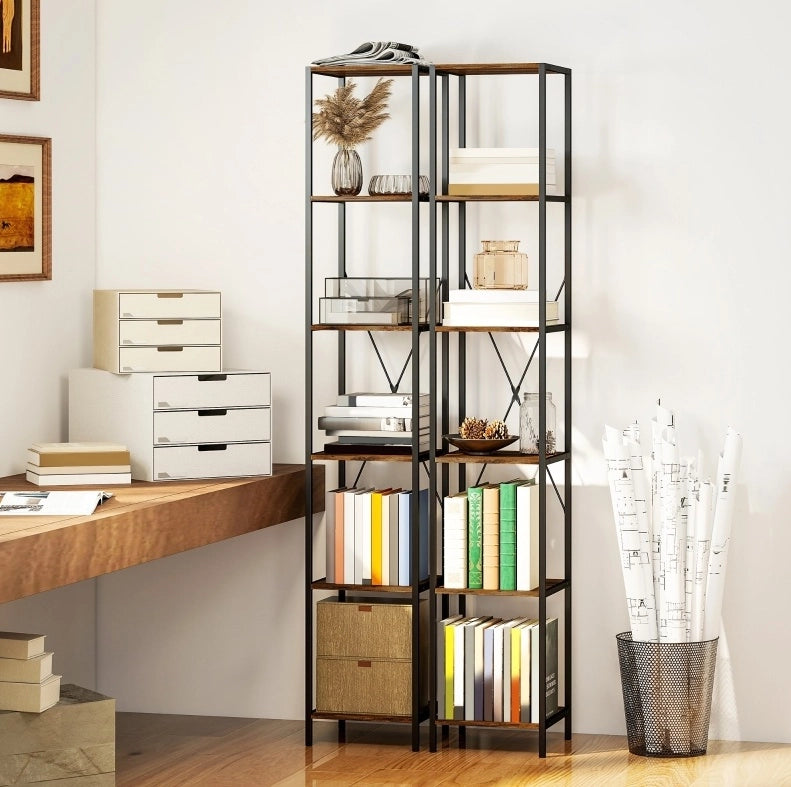 Set di 2 librerie 30x30x174.5 cm con 6 ripiani; struttura stabile in legno; marrone rustico