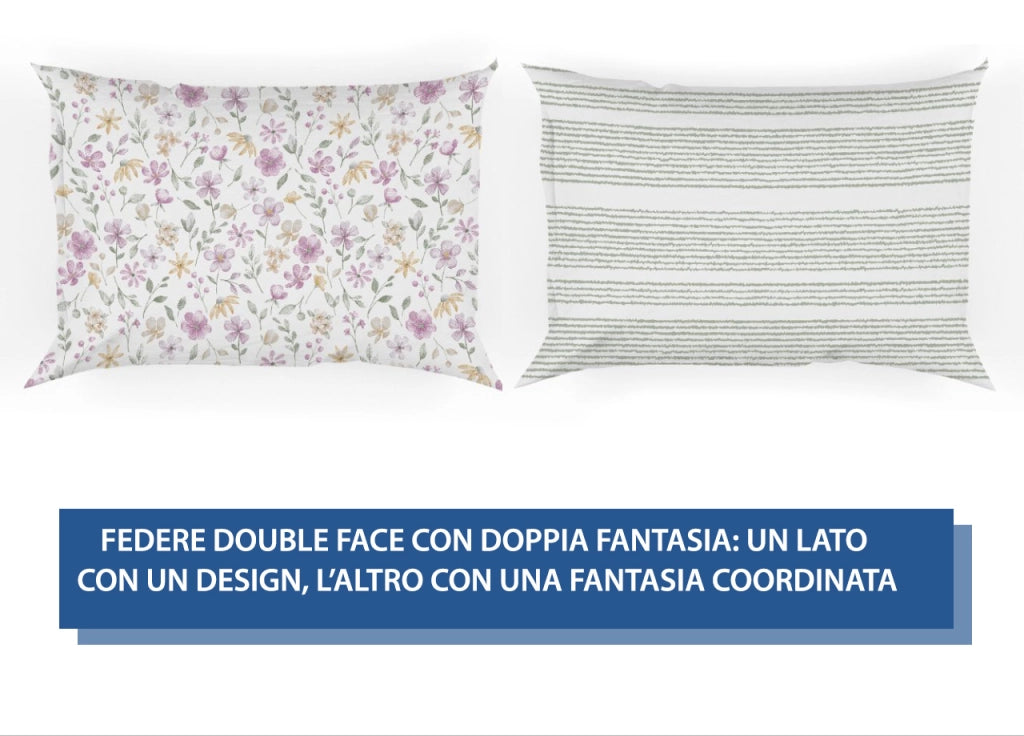 Coppia Federe Cuscino Letto Double Face 100% Cotone Disegno Primavera GI - Federe - Rosa