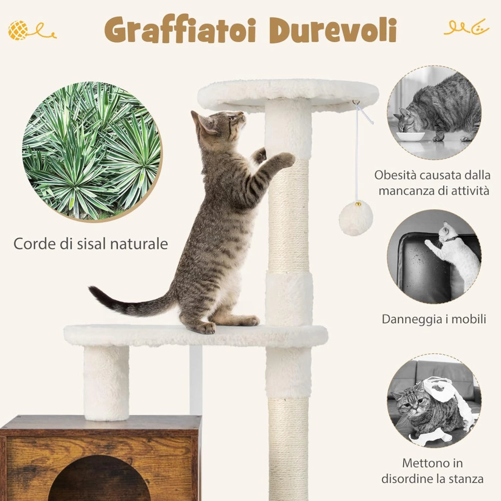 Tiragraffi per Gatti Adulti Con Cuccia, Piattaforma, Cuscini e Albero Alto in Legno - 77,5 x 49 x 132 cm
