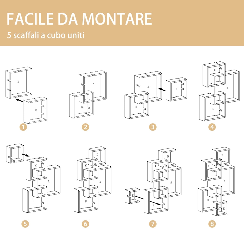 Libreria Moderna Sospesa con 5 Cubi Intrecciati 49,5x10,2x86 cm in Legno Bianco