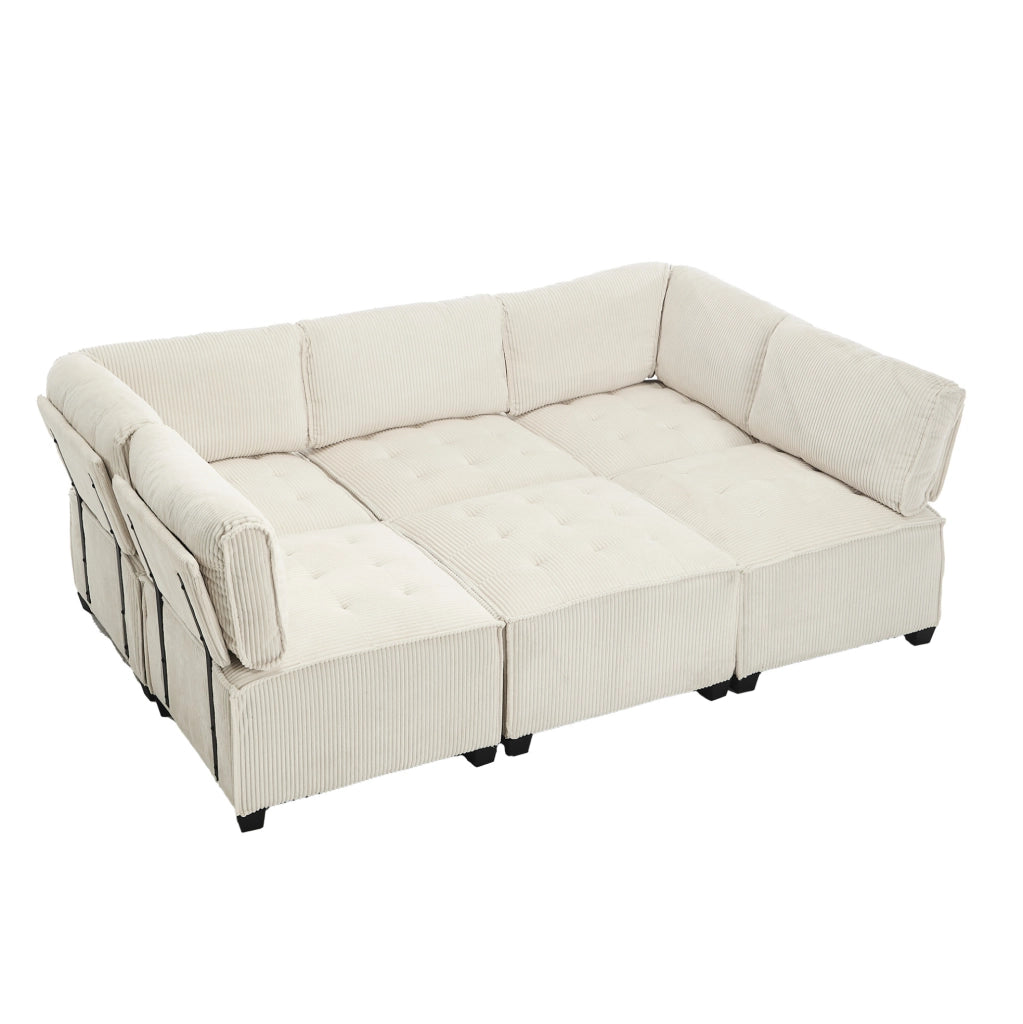 Divano modulare 6 posti in velluto a coste beige