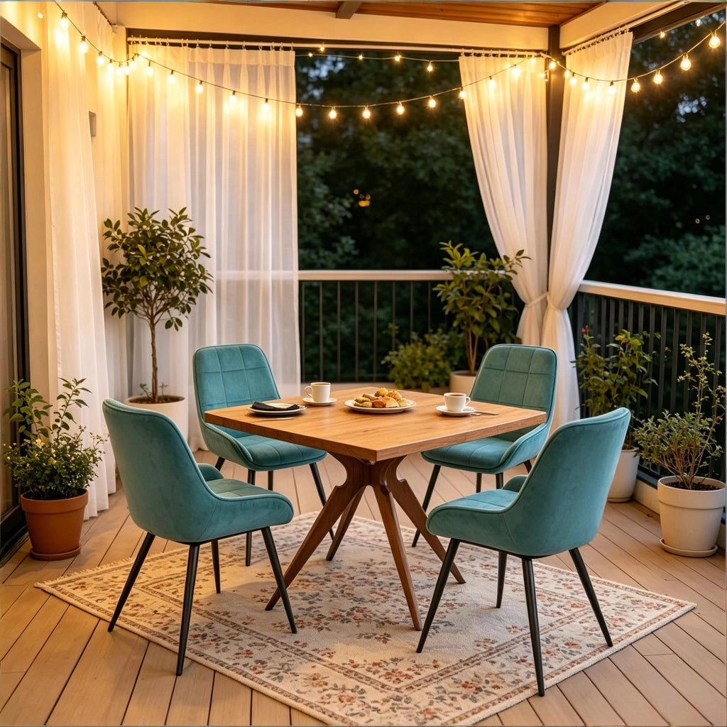 Sedia da Pranzo Set da 4 con Schienale Ergonomico e Piedini Regolabili in Metallo e Velluto Turchese