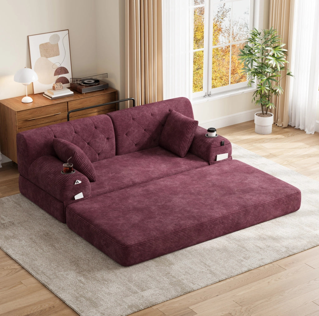 Divano letto compatto in velluto a coste bordeaux con tasche