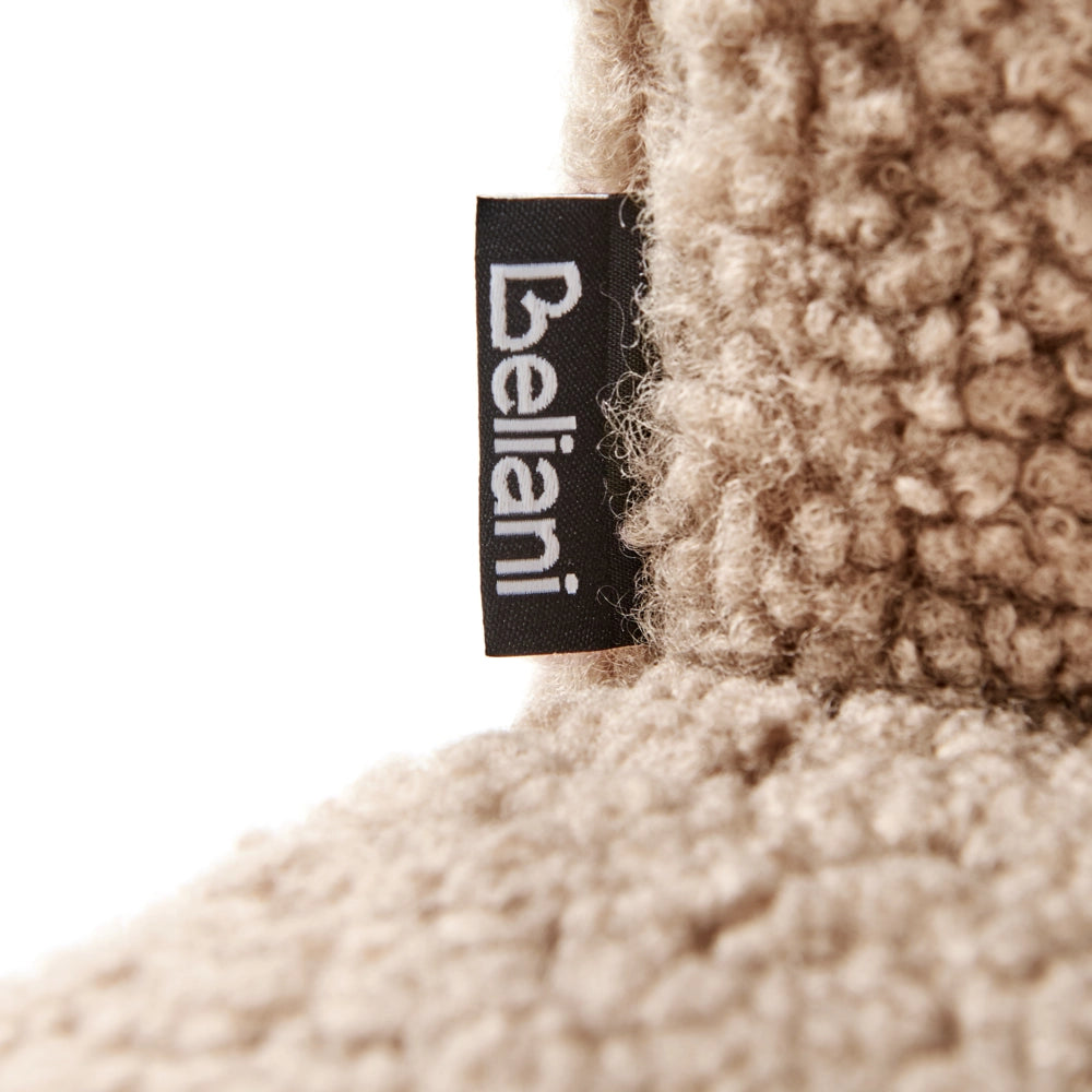 Poltrona senza braccioli con seduta rotonda in tessuto in bouclé beige e struttura in metallo soggiorno camera da letto