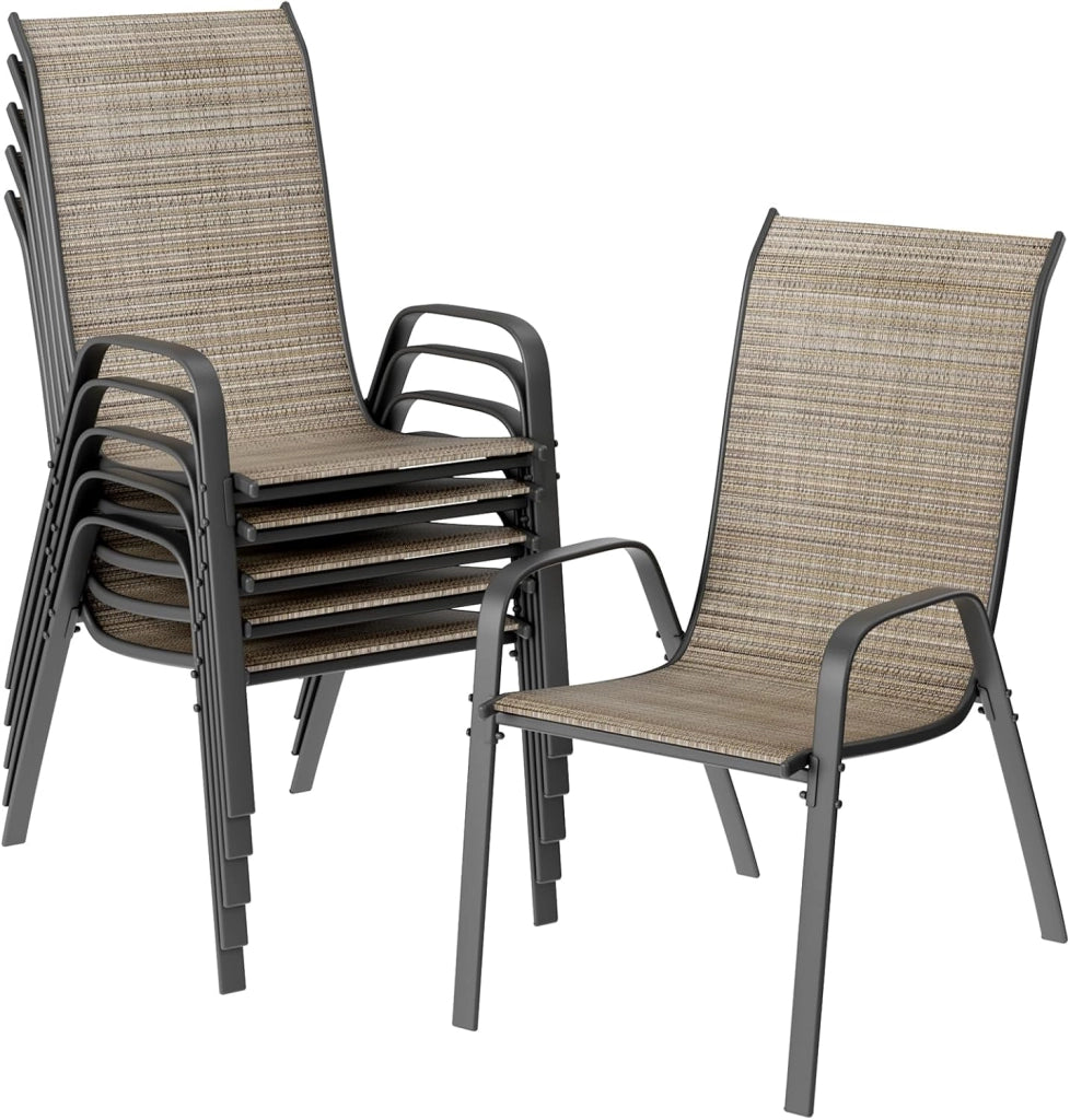 Sedia da giardino impilabile, da campeggio, impilabile, con schienale alto, in acciaio textilene, per giardini, cortili balconi ristoranti 150 kg portata: 54 x 69 x 93 cm 6pcs Lino marrone