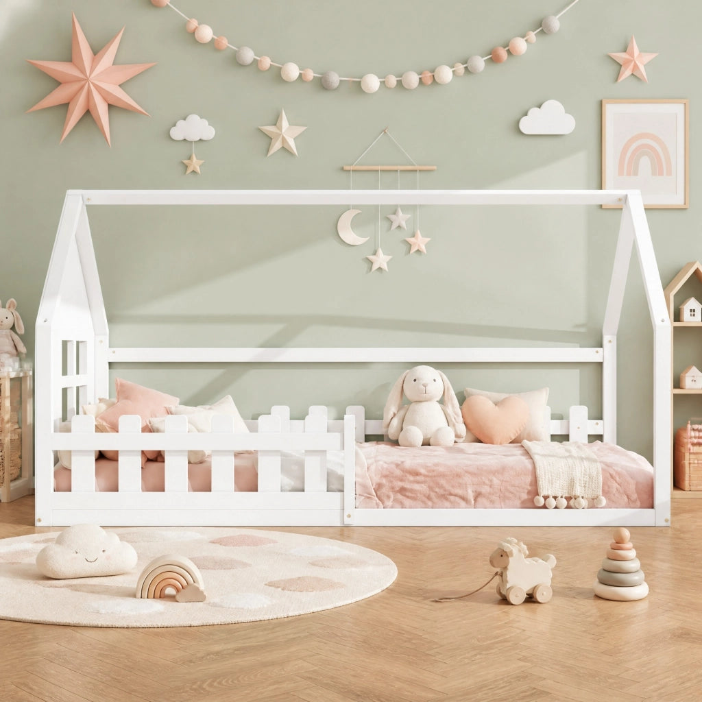 LETTO Bambini a forma di casa 90x200 cm Bianco in pino e MDF