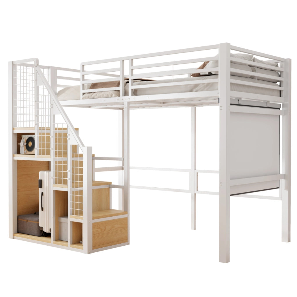 Letto a soppalco singolo 90x200 cm in metallo con scala e vano contenitore; bianco