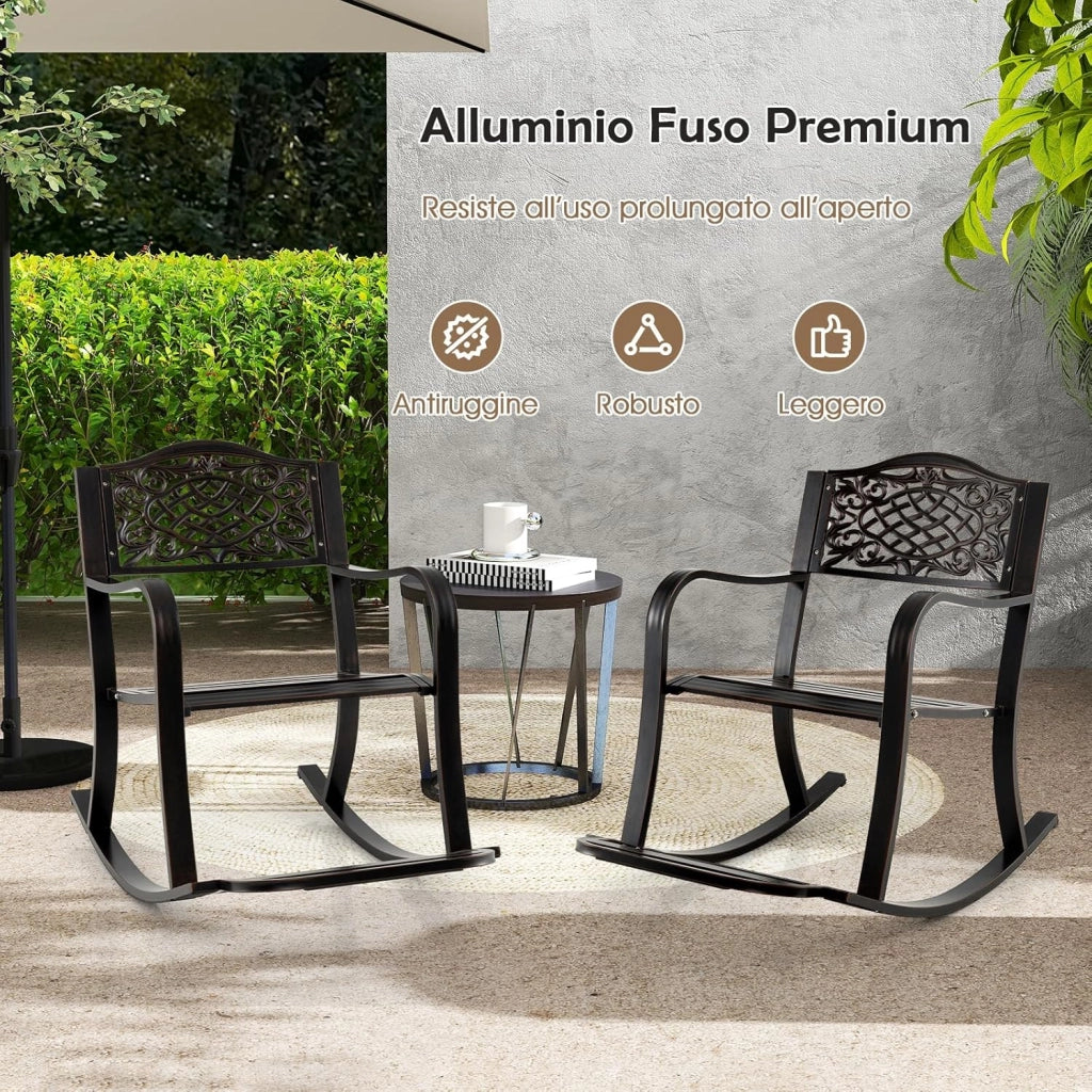 Sedia a Dondolo da Giardino Stile Rustico, Sedia da Esterno in Alluminio con Poggiapiedi, Schienale Decorativo e Braccioli, Dondolo per Giardino e Balcone, 102 x 62,5 x 89 cm, Marrone