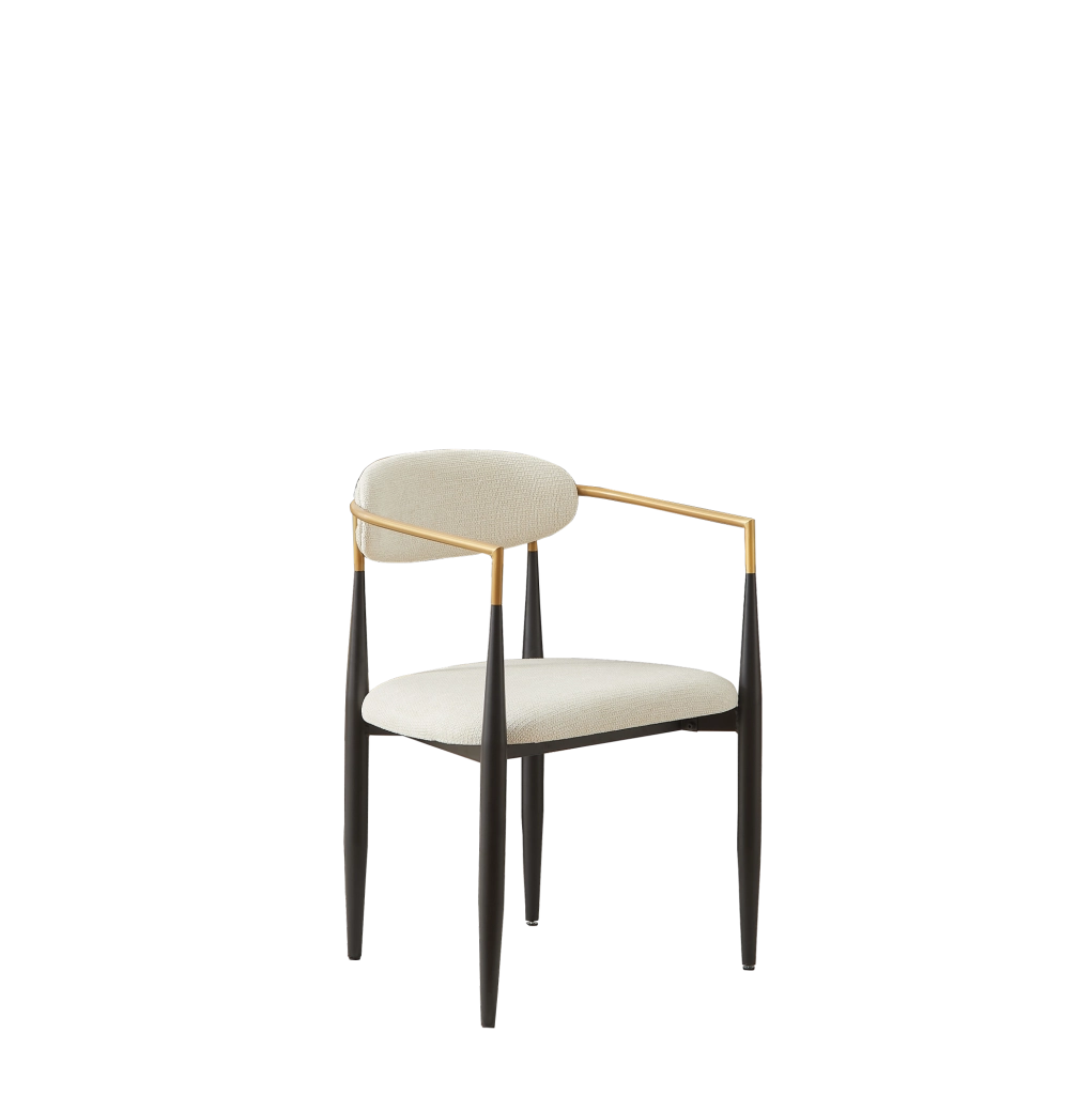 Sedia da pranzo in tessuto beige con struttura in metallo nero e dettagli oro
