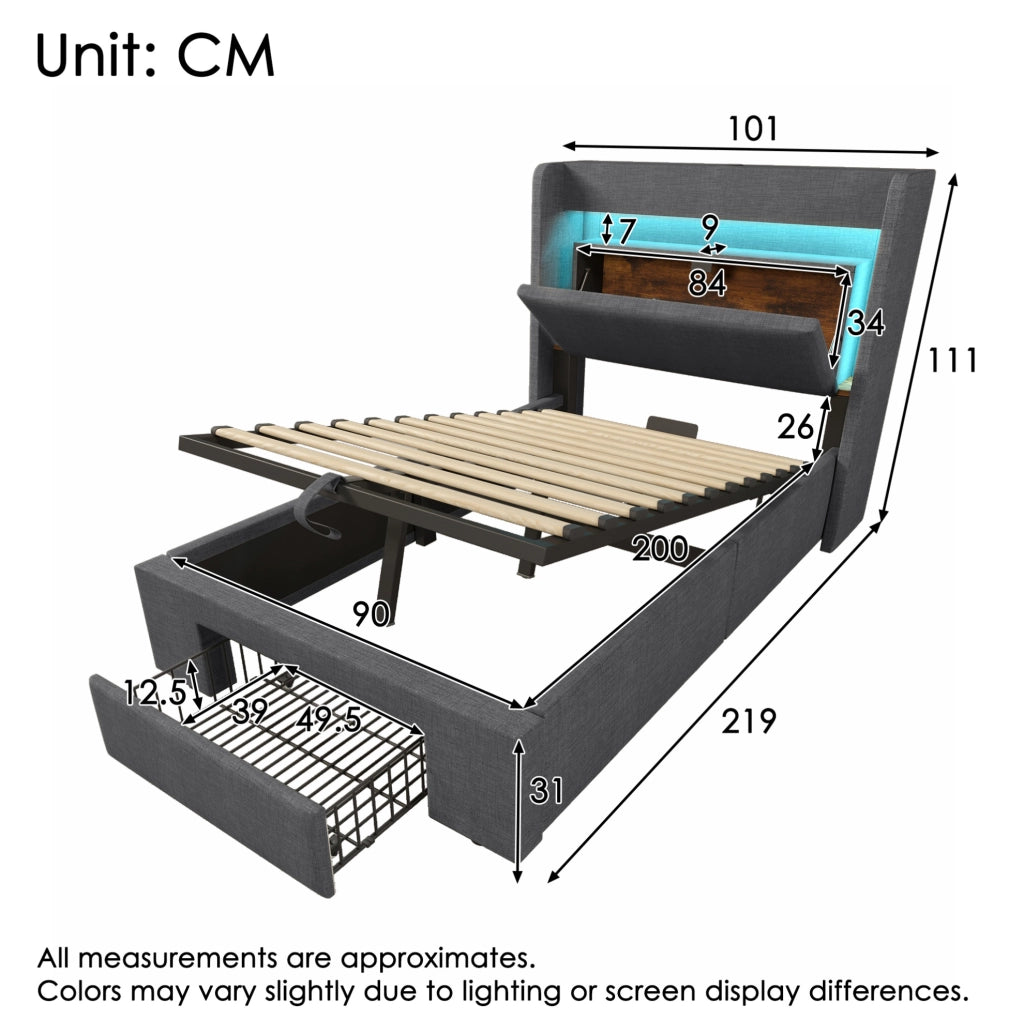 Letto imbottito 90x200 cm con contenitore idraulico, LED, USB e USB-C, grigio