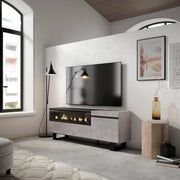 Mobile TV Soggiorno, 150x35x57cm, Per TV fino a 65", Camino elettrico, Design industriale, grigio cemento RF2467