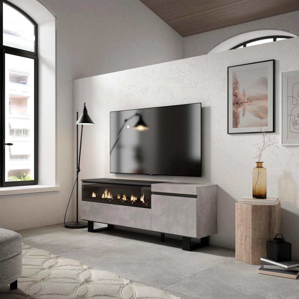 Mobile TV Soggiorno, 150x35x57cm, Per TV fino a 65", Camino elettrico, Design industriale, grigio cemento RF2467