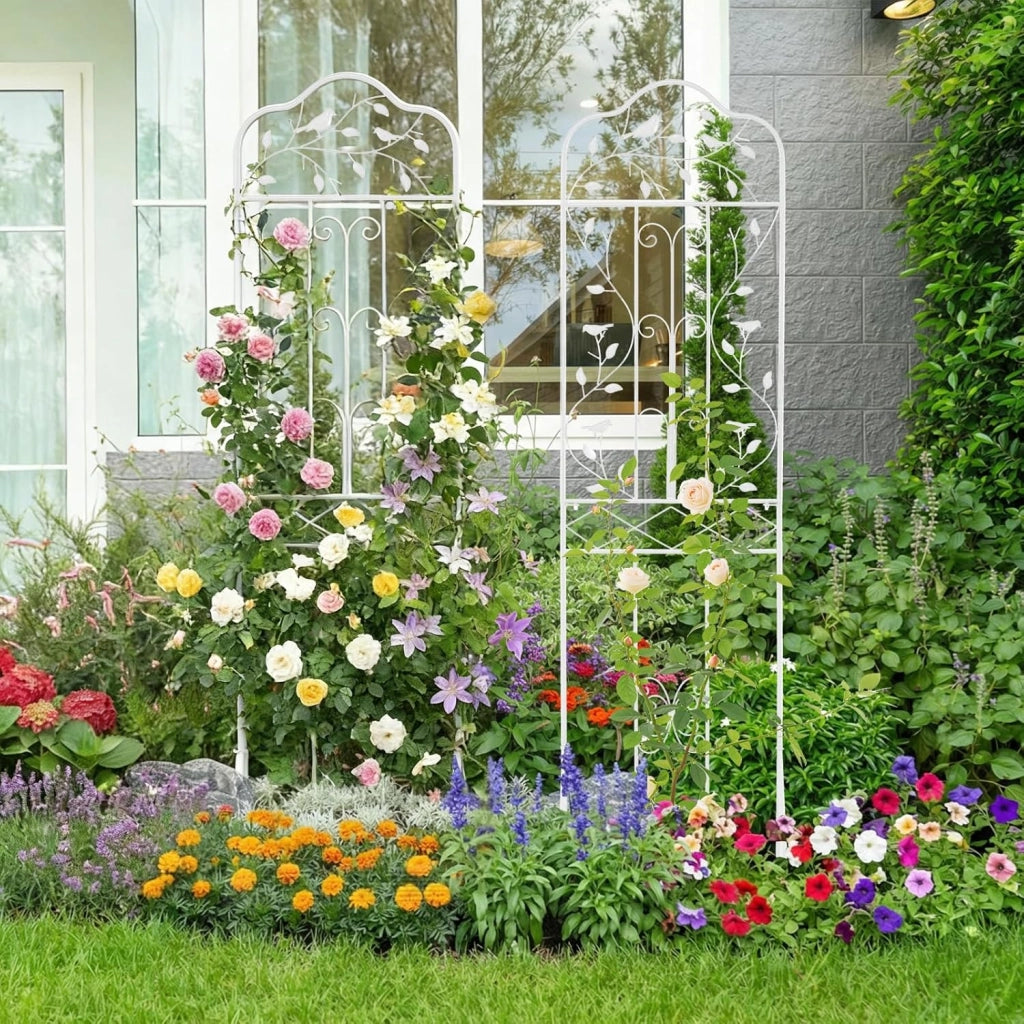 Traliccio per Rampicanti Metallo con Ripiano Pieghevole, Graticcio per Piante da Esterno, Griglia per Piante Rampicanti per Giardino, Cortile e Patio, 50 x 30 x 189,5 cm (Bianco,1)
