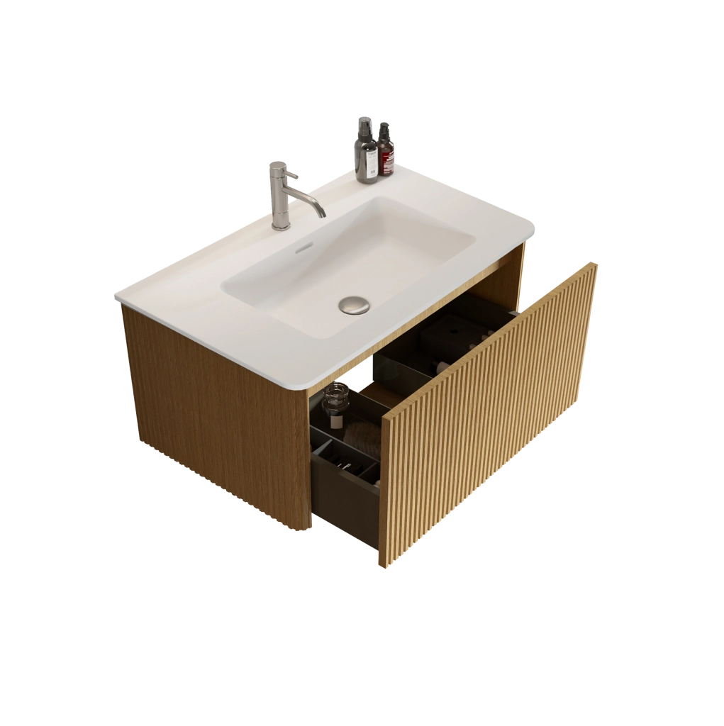 Mobile sottolavabo ULEVR 80 cm con lavabo in solid surface, cassetti push-to-open e finitura rovere