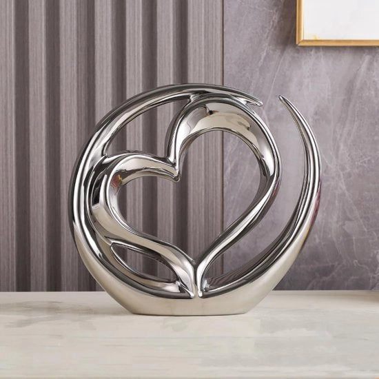Decorazione artistica a forma di cuore, scultura ceramica moderna, adatta per sala da pranzo, soggiorno, ufficio, mobile TV o punto focale. (Argento)