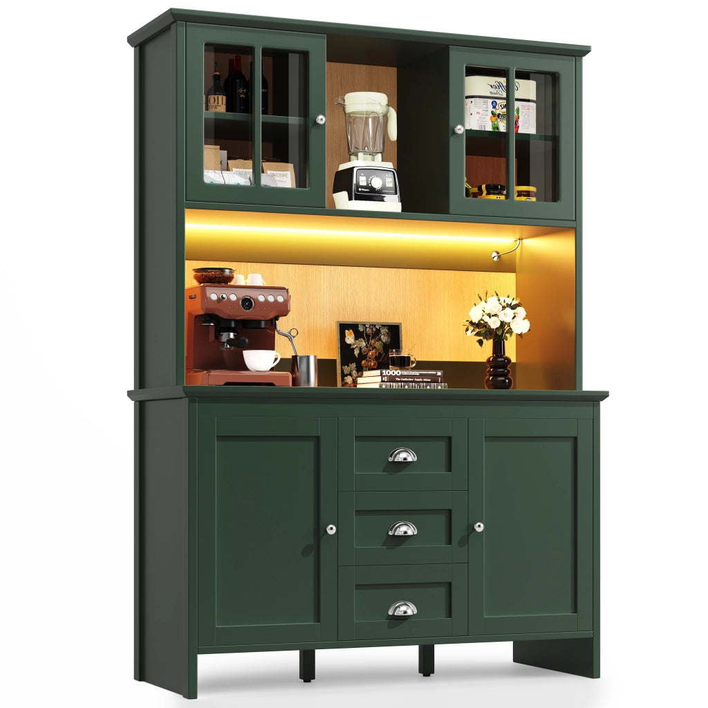Credenza Alta da Cucina con Ante in Vetro e LED ¨C Xylo ¨C Verde, 120x40x179 cm