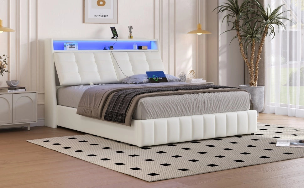 DESMIU Letto piattaforma 160 × 200 cm 2 posti con LED, USB e vano contenitore, senza materasso, in PU, bianco