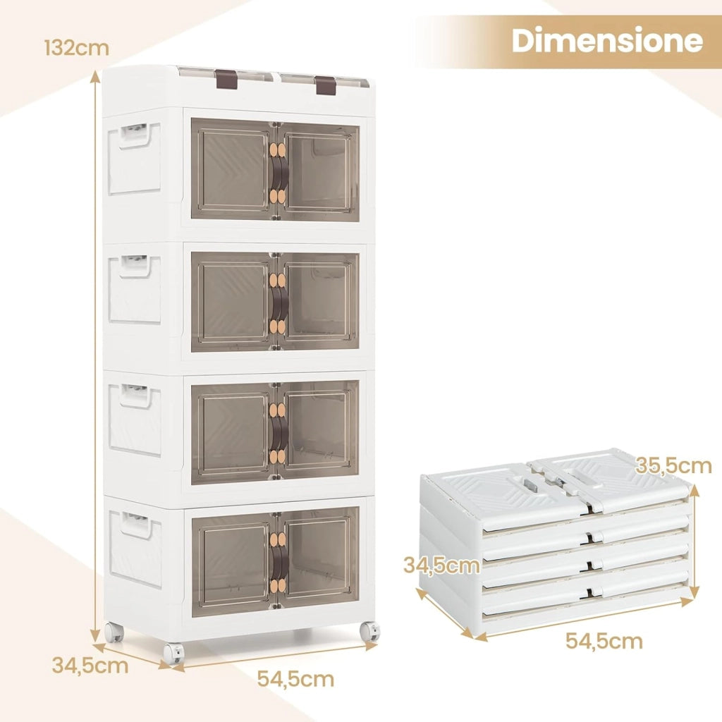 Scatole di Stoccaggio Pieghevoli con Coperchio, Set da 3/4 Contenitori con Ruote, Scatole Pieghevoli Organizer per Armadio con Porte Magnetiche ad Apertura Frontale, Multiuso(4 Livelli)