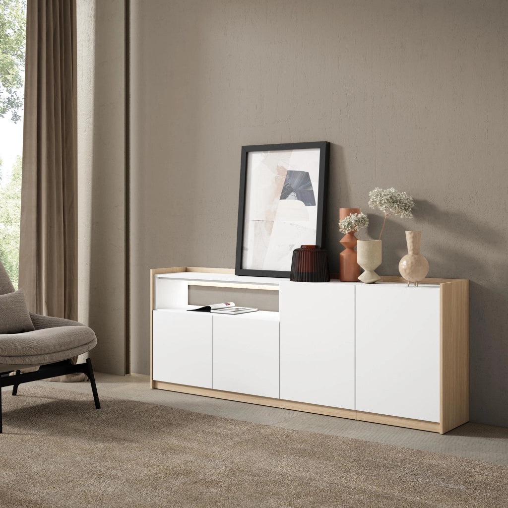 Credenza, Mobile, Cucina, 207x80x37 cm, 4 Porte, LED, Bianco e Rovere soft