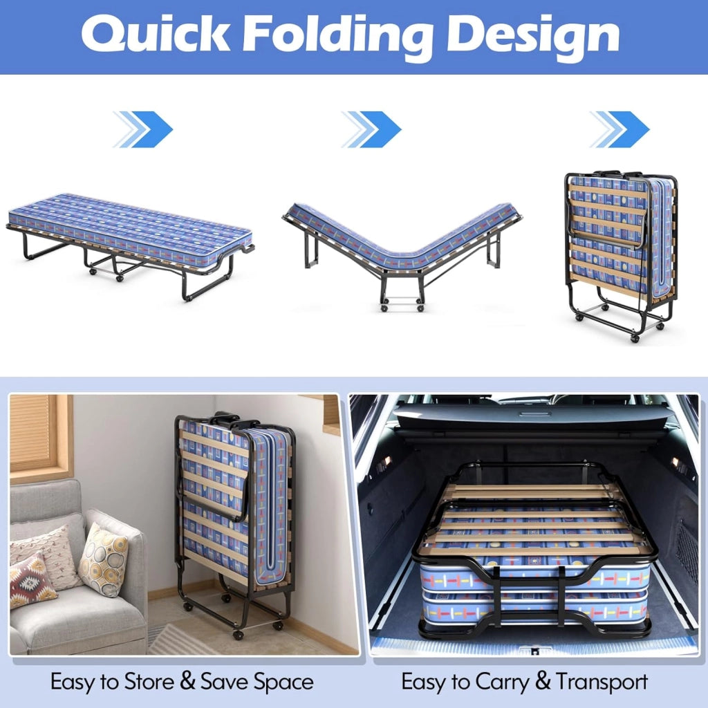 Letto per gli ospiti pieghevole, 80 x 200 cm, per adulti, letto da viaggio con materasso in memory foam, letto singolo, 4 ruote, pieghevole in metallo, portata fino a 120 kg (blu)