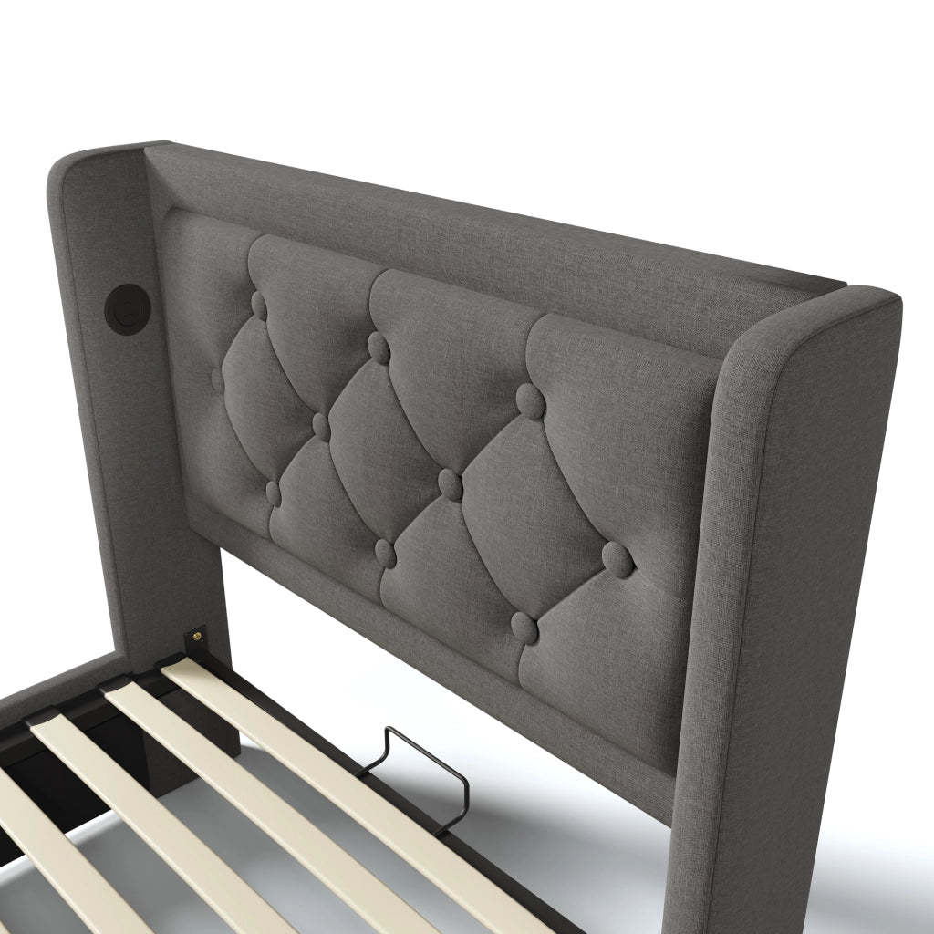 Letti contenitori 90x200 cm; con testiera trapuntata e ricarica USB Tipo C; cotone grigio (Senza materasso)