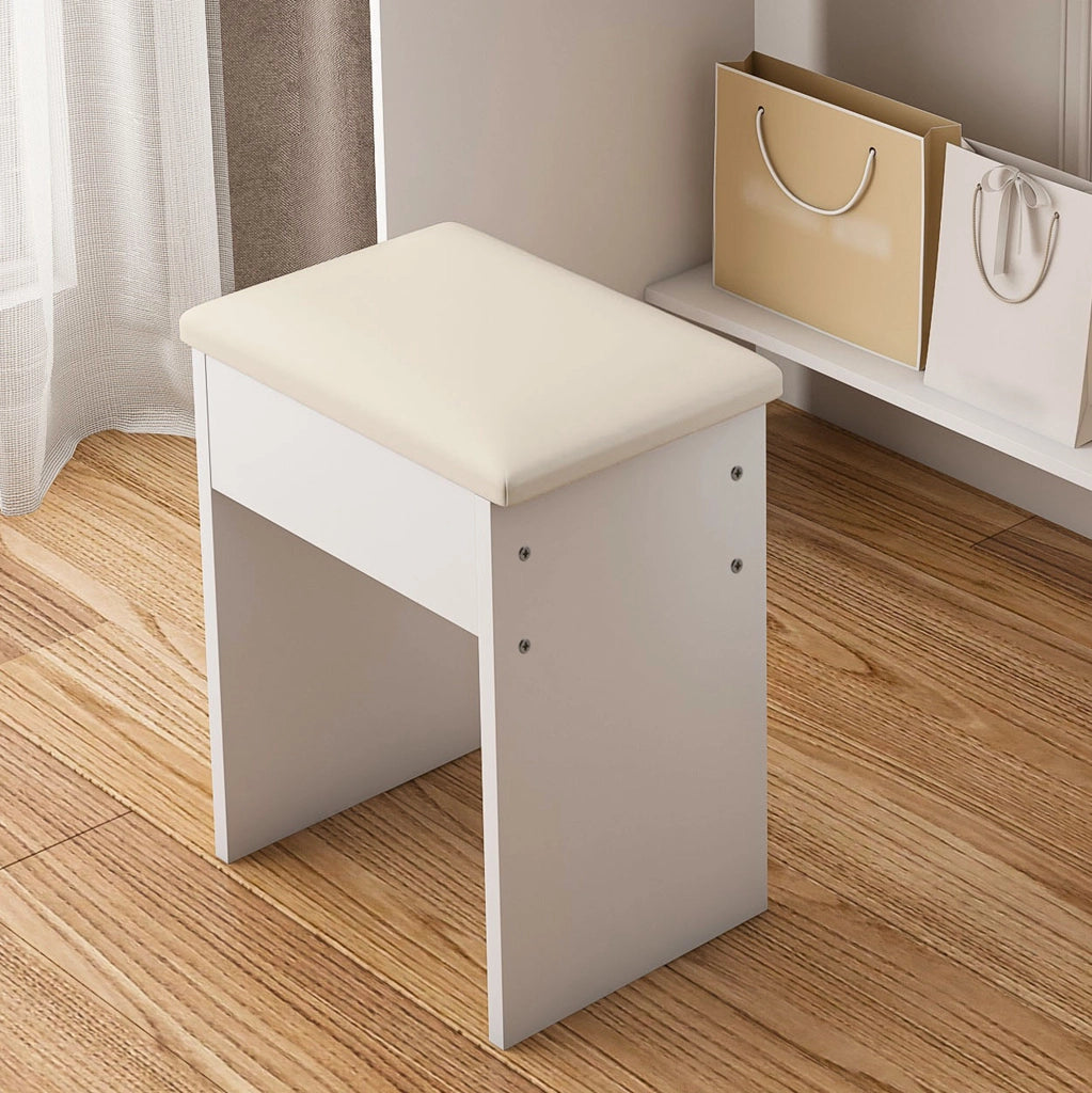 Tavolo da trucco con specchio LED a 3 tonalità; presa elettrica e sgabello imbottito; bianco