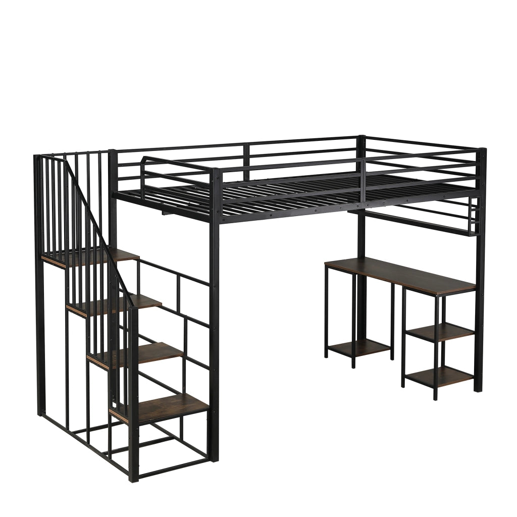 Letto a Soppalco 120x200 cm con Scrivania; Scala con Corrimano e Libreria - Nero