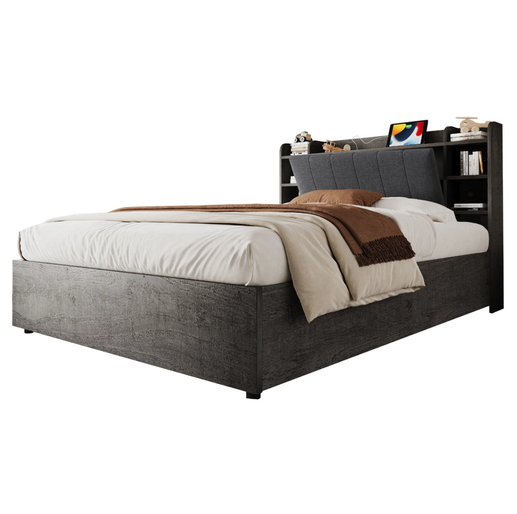 Letto multifunzione 180x200 cm con contenitore idraulico; testiera con vani e presa USB Type-C; grigio