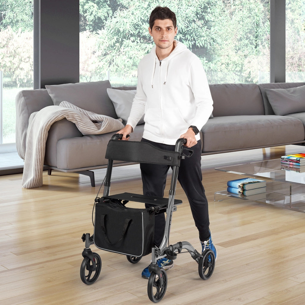 Girello leggero e compatto con sedile maniglia borsa per anziani e adulti, Deambulatore pieghevole in alluminio Grigio-Sedie per doccia