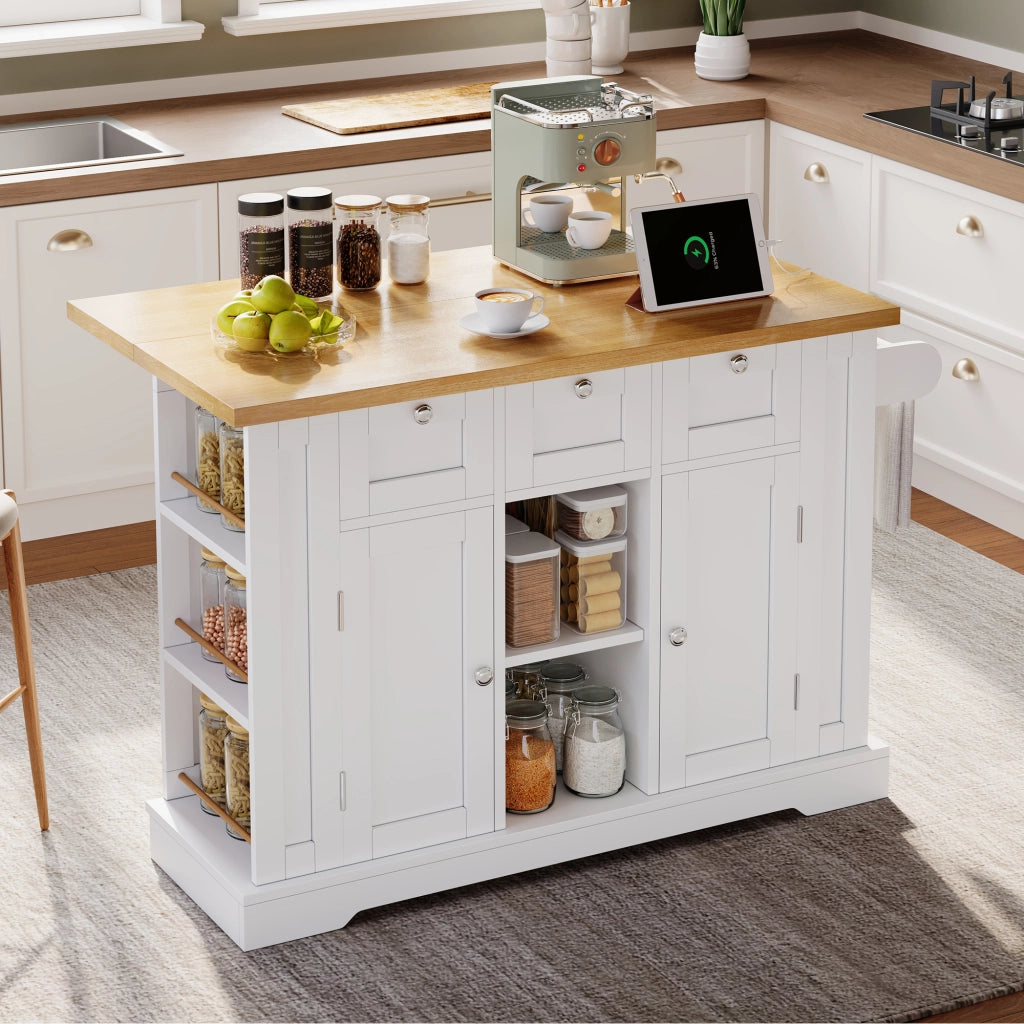 Isola da cucina mobile 132 cm con piano ribaltabile, cassetti, vani a giorno e presa integrata