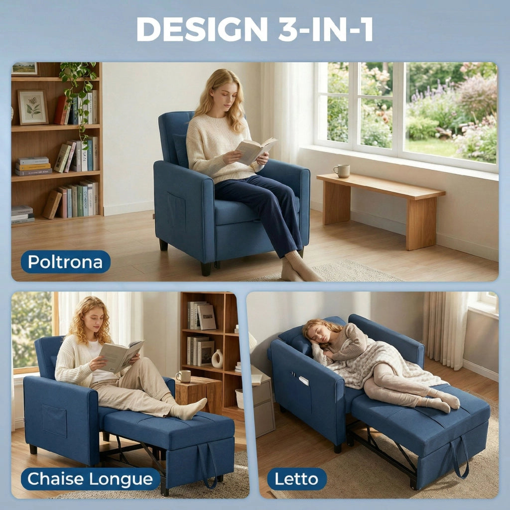 Poltrona Letto Pieghevole con Schienale Regolabile e Cuscino, Blu