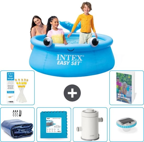 Piscina Rond Opblaasbar Easy Set - 183 x 51 cm - Blu - Balena - Inclusa Tenda Solare - Pavimenti - Pompafiltro Piscina - Illuminazione - 7 pezzi