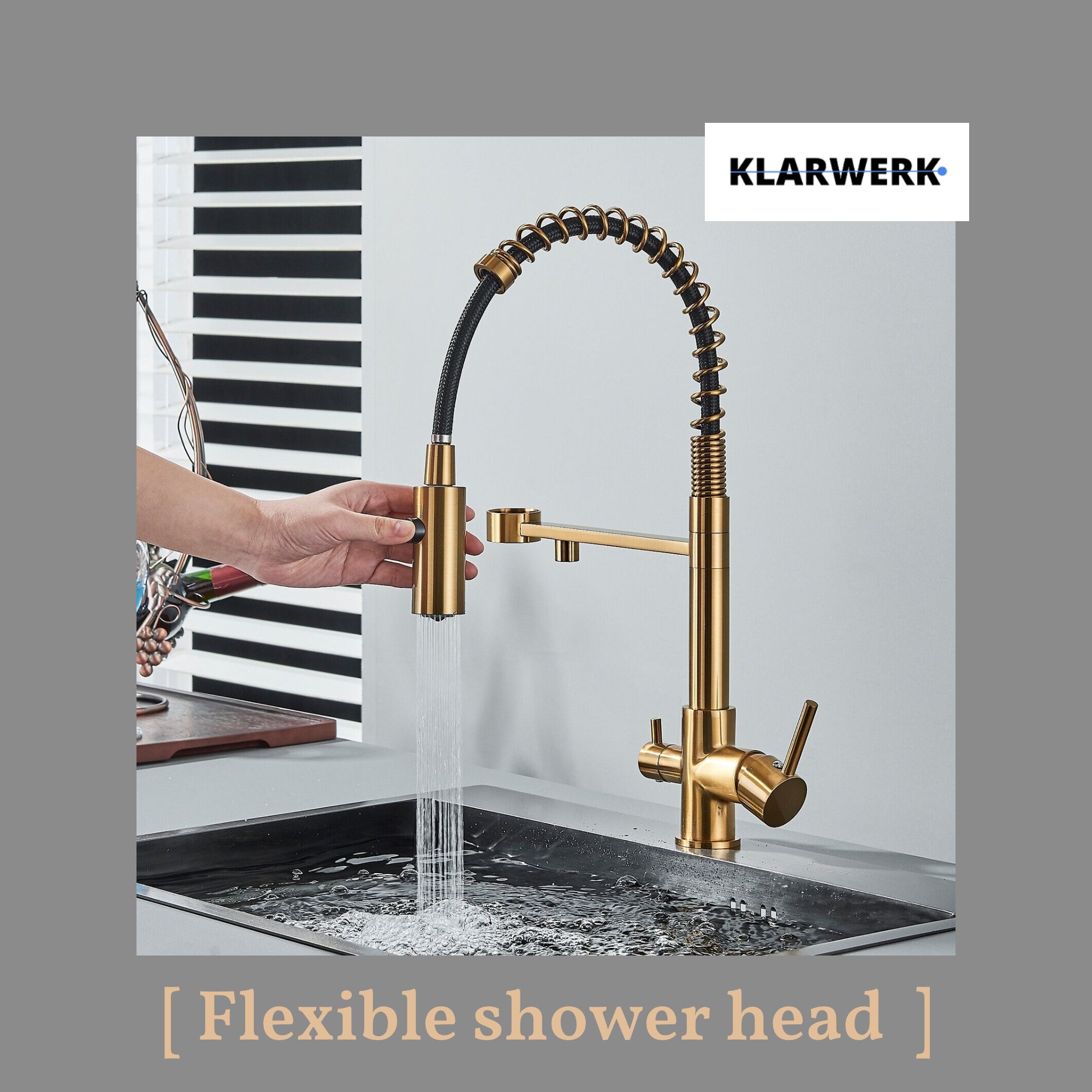 Bernd | Filtro oro opaco  3 vie gastronomia Rubinetto cucina amolla in acciaio inossidabile osmosi|Miscelatore da ristorante ruotabile 360°